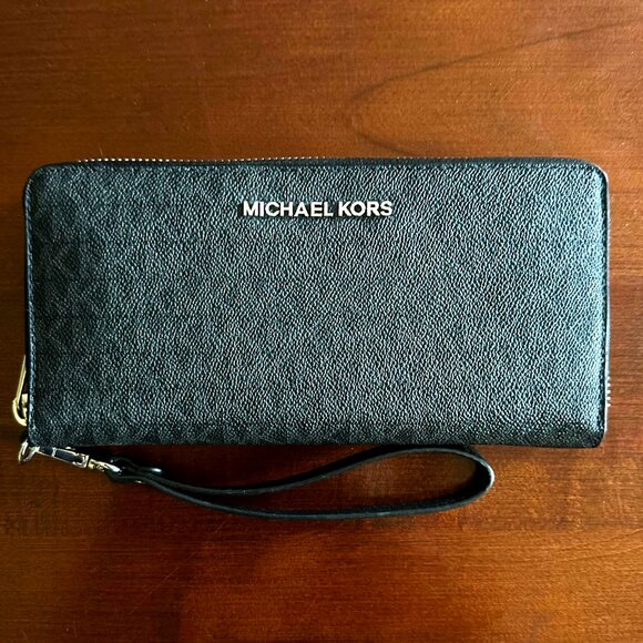Michael Kors Large Jet Set Continental Multifunction Wallet Wristlet Black/Gray - Picture 1 of 8